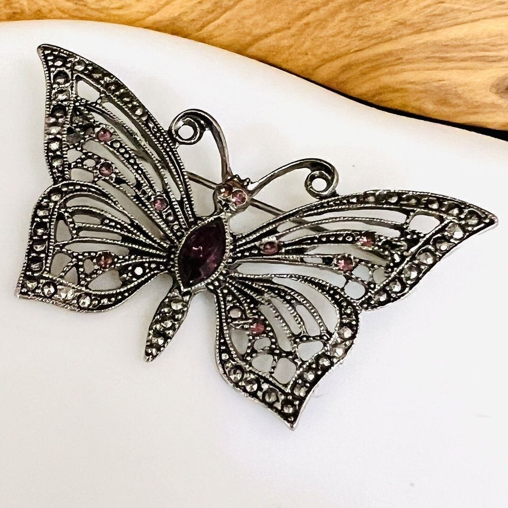 Vintage LIA Sophia Pink Rhinestone Butterfly Silver Pewter Tone Brooch 4189